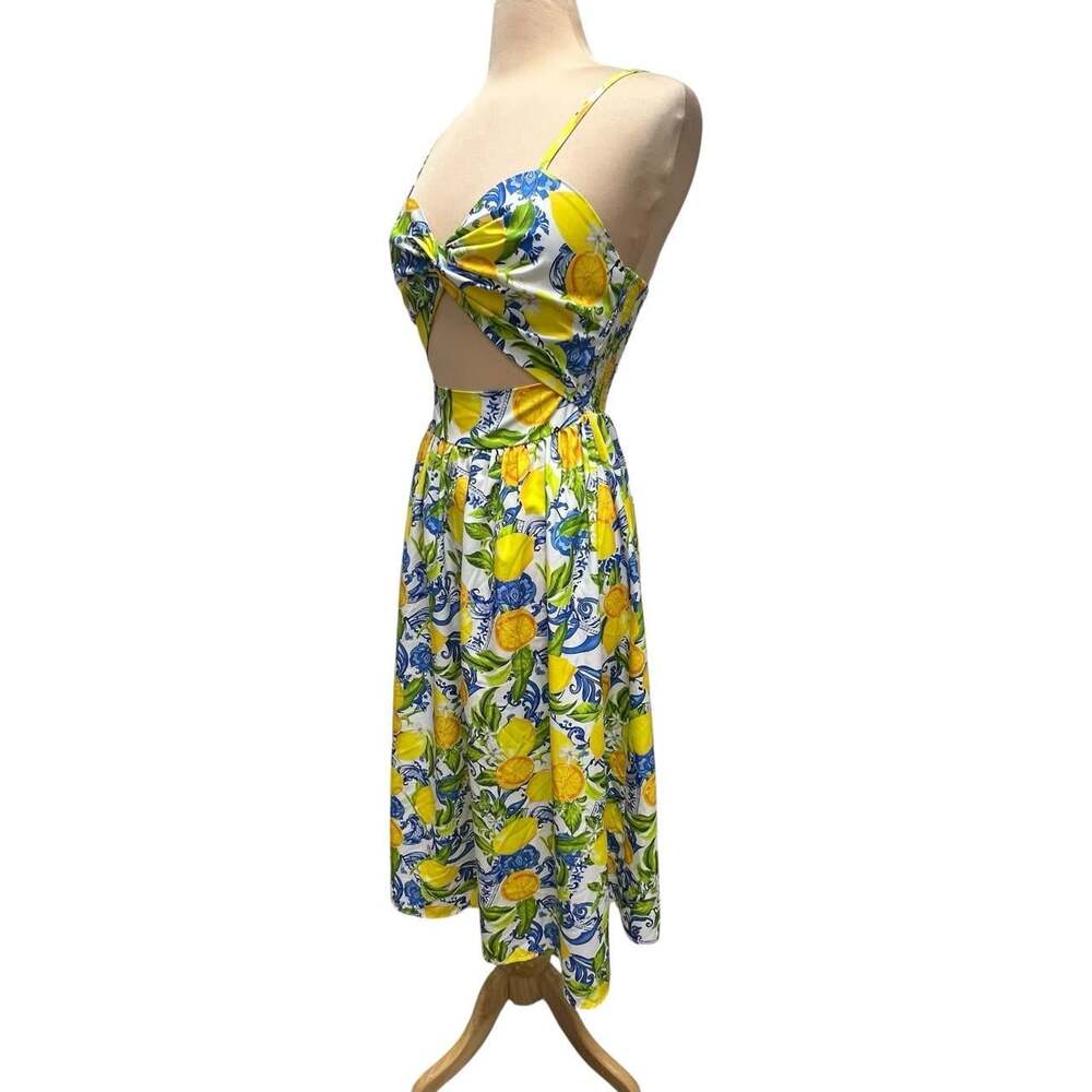 Shein Women’s Lemon Print Cut Out Sundress Yellow Blue Size 2 XS Summer Dress - Picture 4 of 8